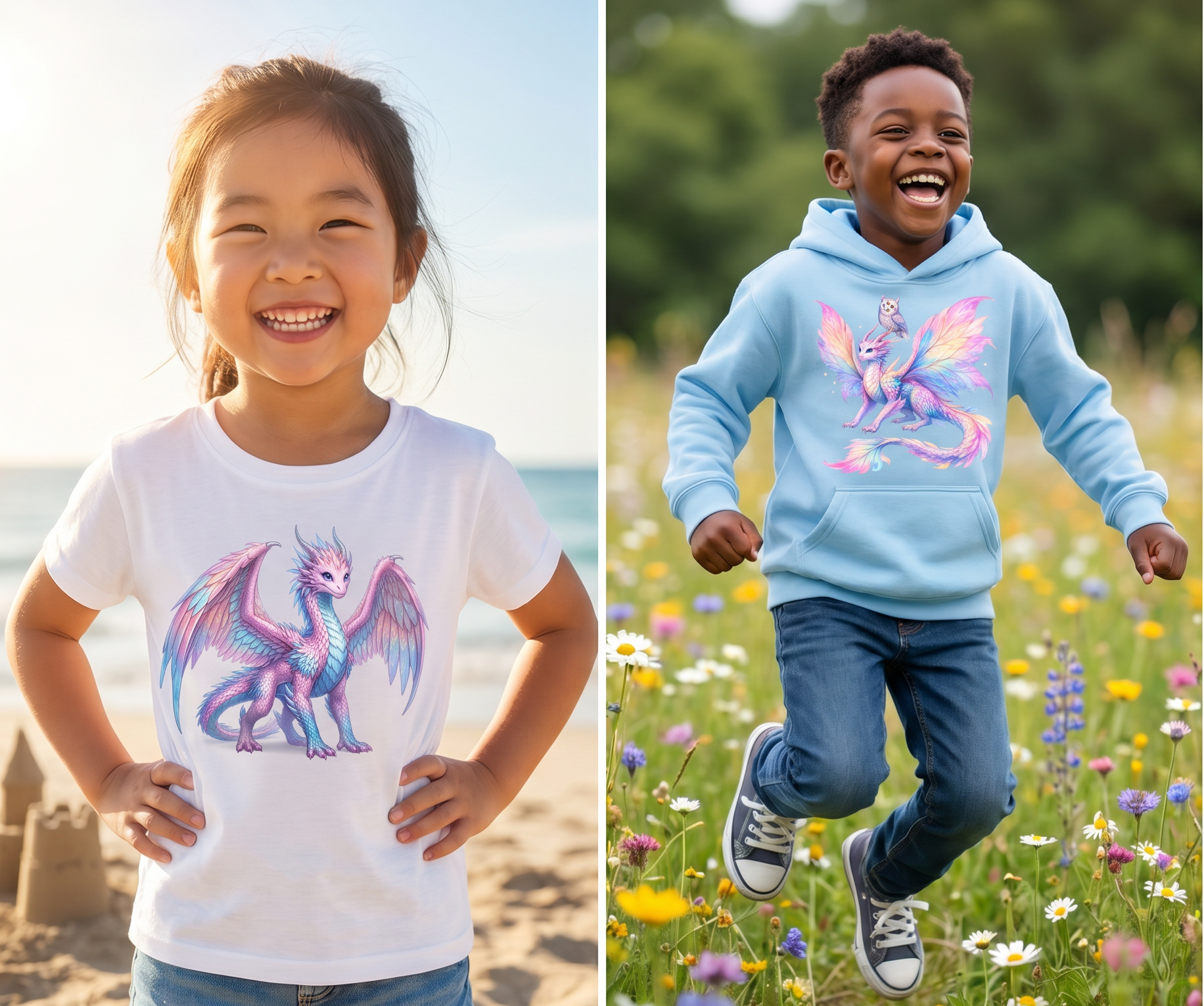 Kids wearing Dragon Buddies T-shirts designed by Serena in Australia