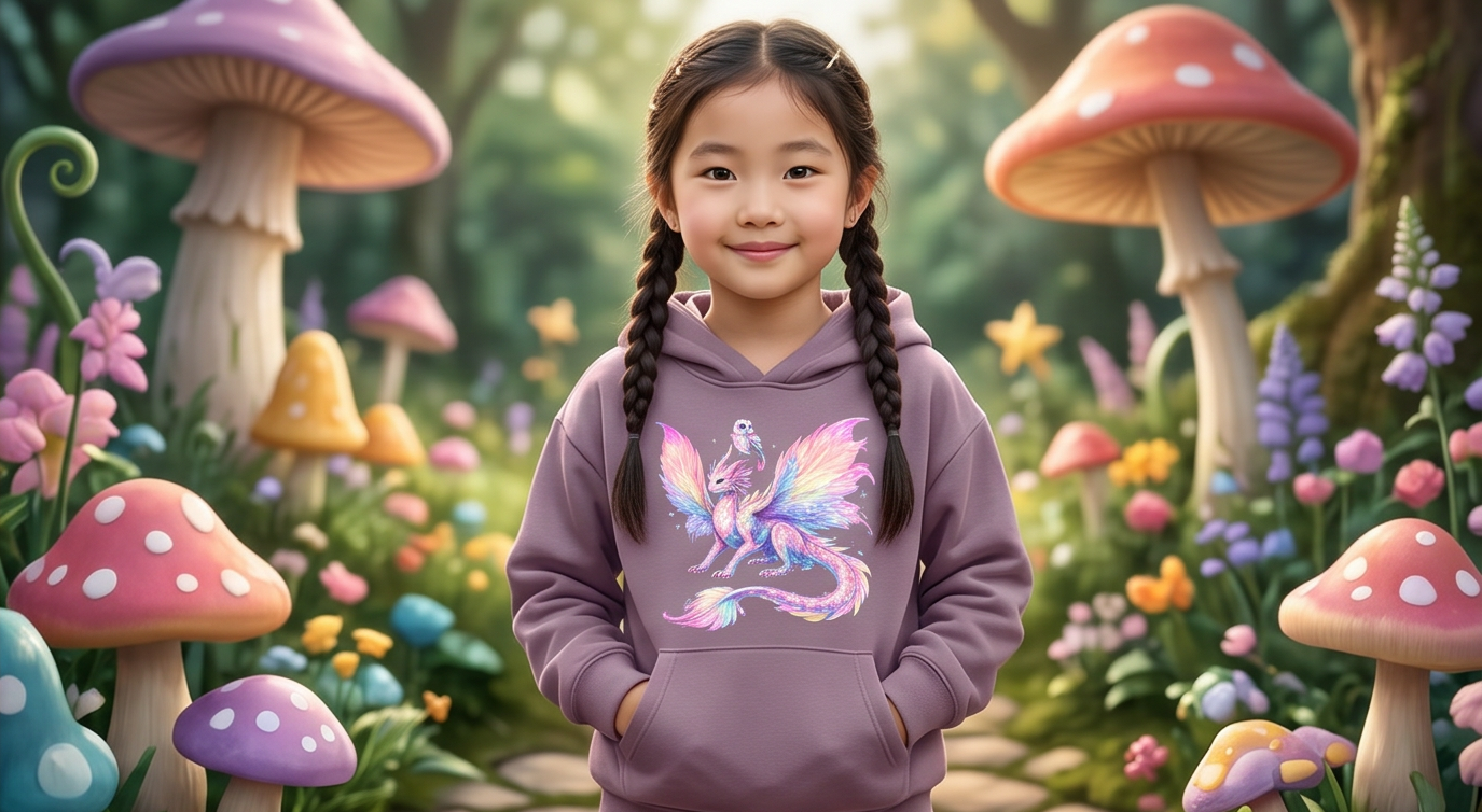 A girl wearing a dragon-themed T-shirts featuring Aurora