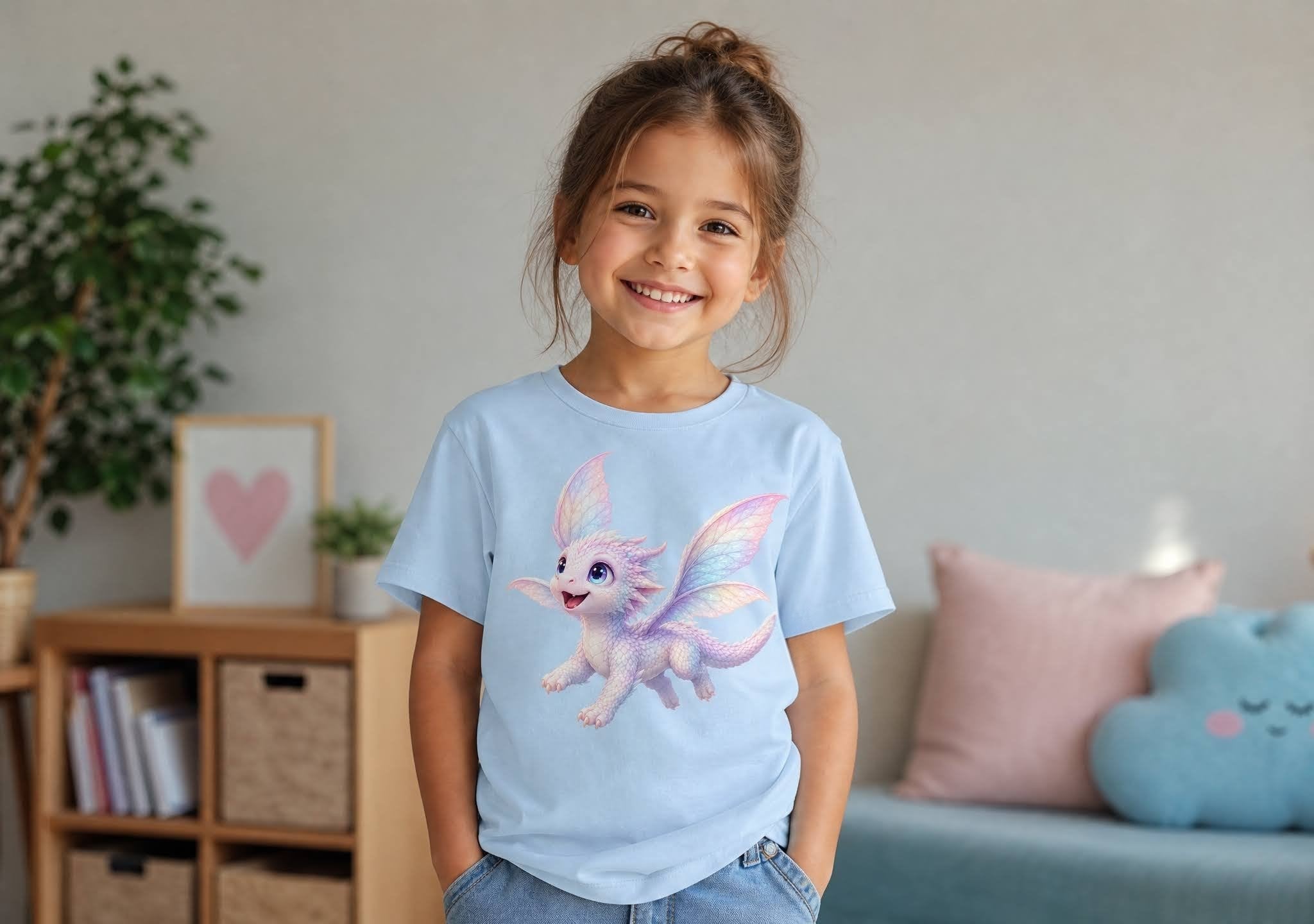 A girl wearing a dragon-themed T-shirts featuring Cloud