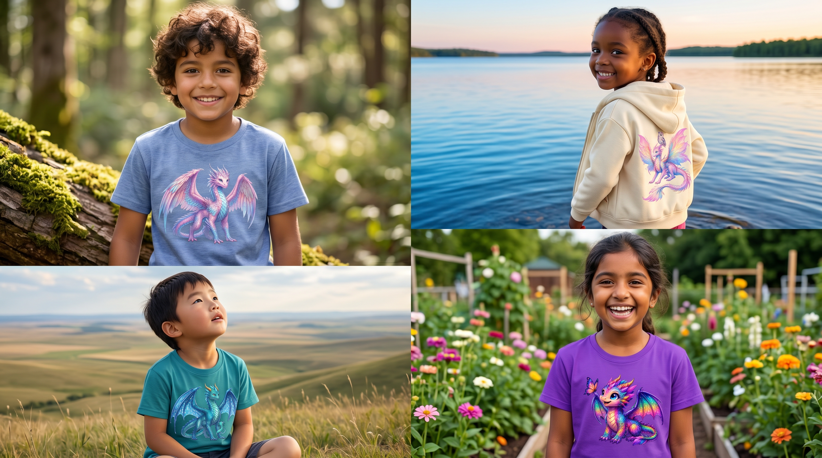 Children wearing Dragon Buddies T-shirts and hoodies designed in Australia