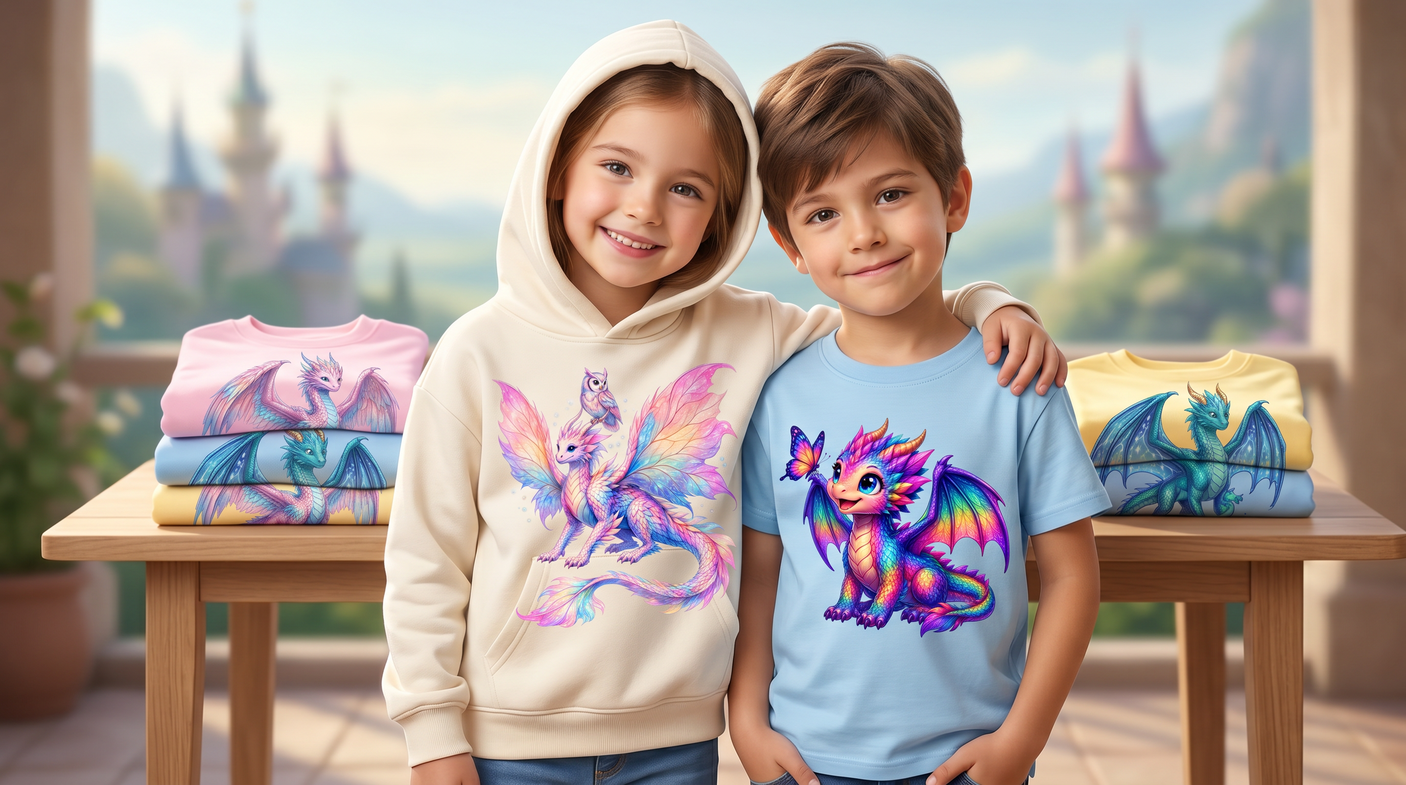 Kids wearing dragon-themed T-shirts featuring Luna and Aurora