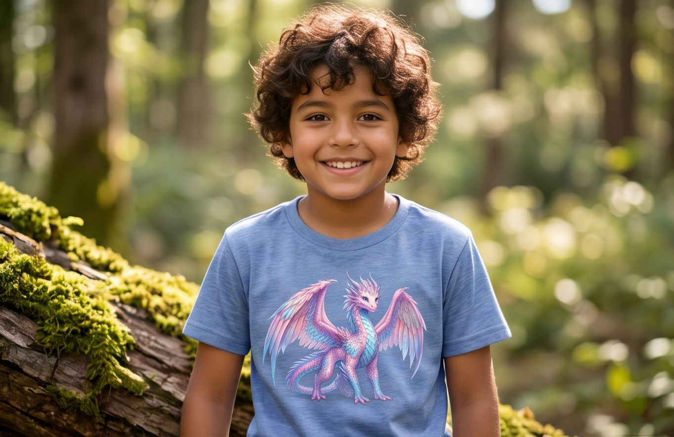 Boy wearing a dragon-themed T-shirt featuring Angel