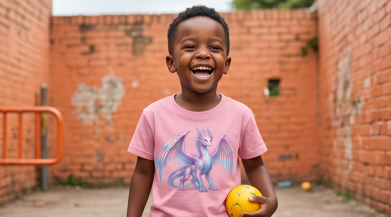 A boy wearing a dragon-themed T-shirts featuring Angel