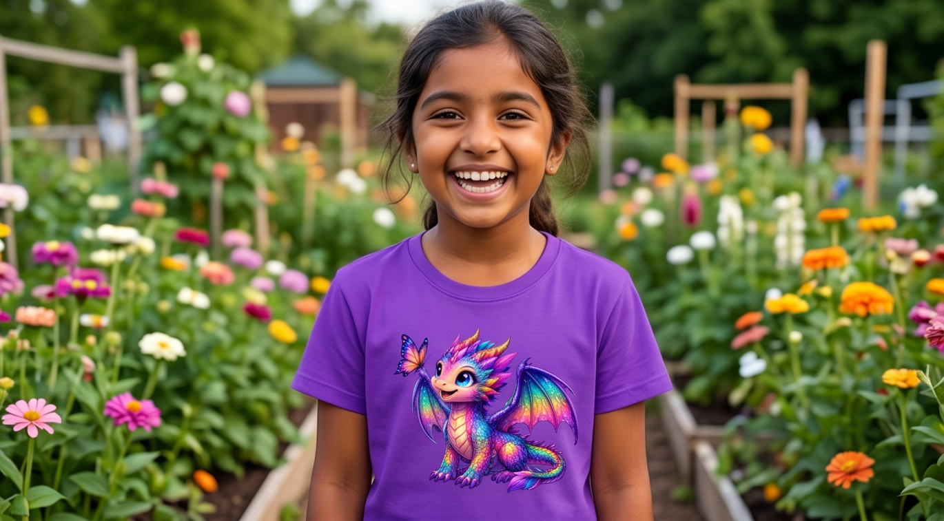 Kid wearing dragon-themed T-shirt featuring Luna